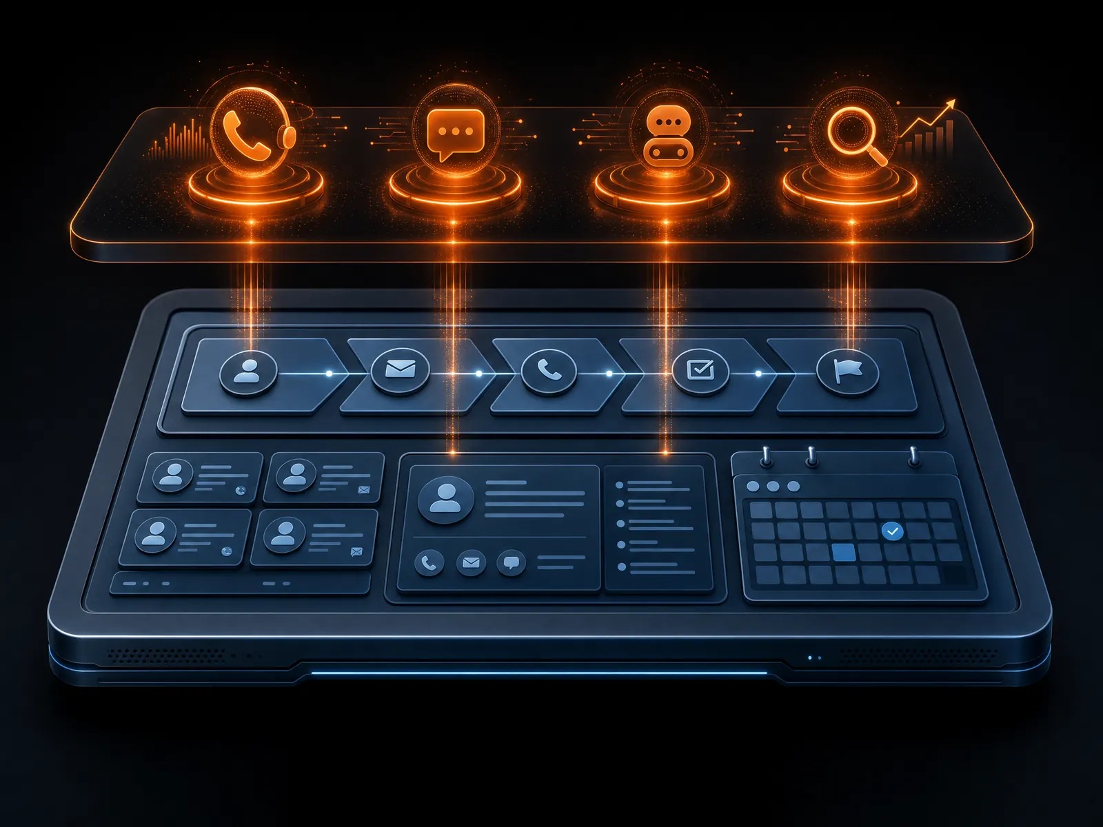 Bridge360 AI agents feeding a CRM pipeline — phone, SMS, chat, and booking in one system
